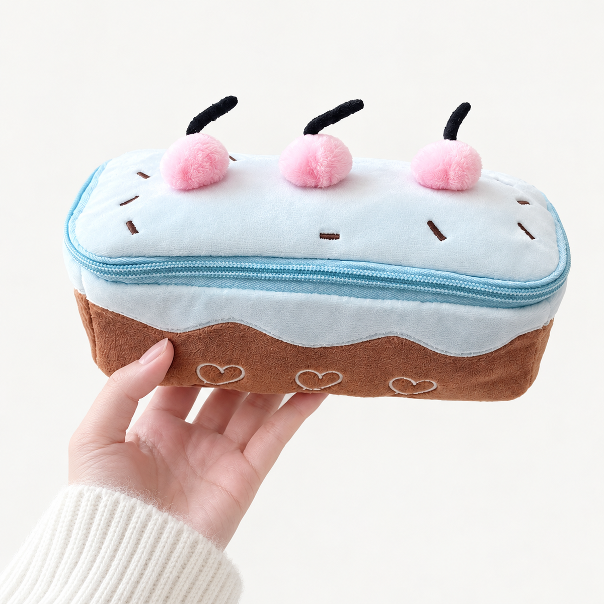 Cherry Cake Plush Cosmetic Bag & Pencil Pouch – Cute Zipper Makeup Organizer and Stationery Case