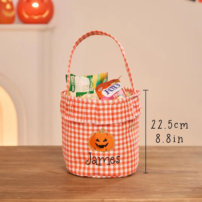 Personalized Halloween Trick or Treat Basket for Kids – Custom Name, Embroidered Patch & Gingham Candy Bucket