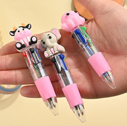 Back to School Animal Silicone 4-Color Mini Retractable Ballpoint Pen Cartoon Gel Grip Writing Pen
