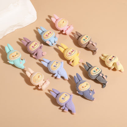 Cartoon Lazy Yoga Labubu Flocked Mini Cute Figurine Toy Ornament Decor DIY Accessory