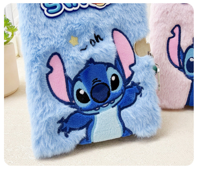Cartoon Embroidered Plush Lock Diary 64K Soft Cover Journal Notebook Gift