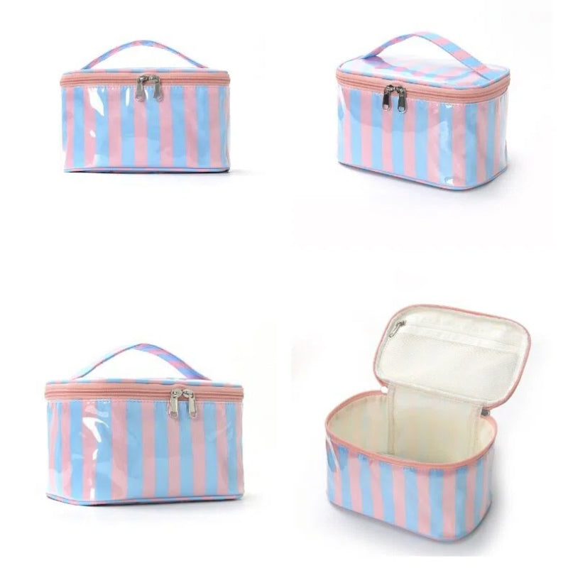PVC Striped Waterproof Clear Cosmetic Bag Makeup Travel Toiletry Organizer Carry Pouch