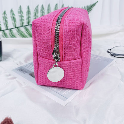 Waffle Fabric Solid Color Makeup Pouch Travel Toiletry Bag