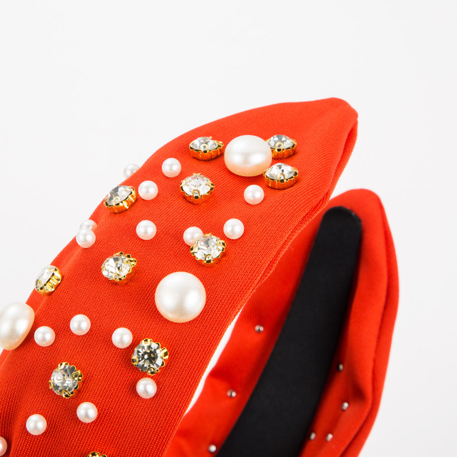 Wide Knotted Headband with Pearls & Rhinestones Padded Fashion Hair Band for Women & Girls