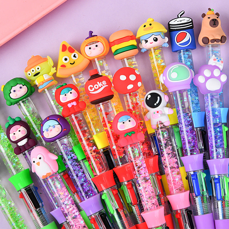 Glitter Quicksand 4-Color Retractable Ballpoint Pens Cartoon Gel Ink Pens with Fun Floating Liquid Design