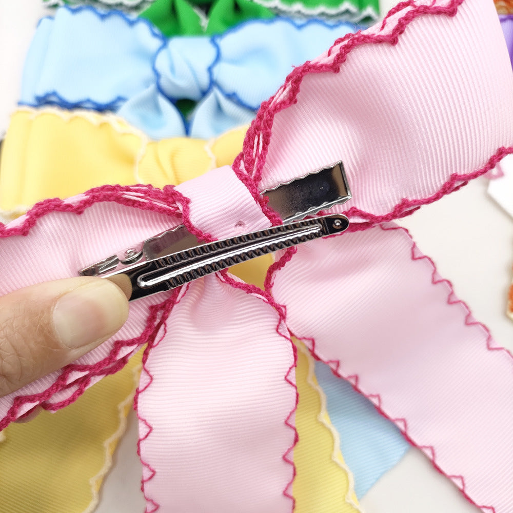Girls Grosgrain Ribbon Bow Hair Clip – Contrast Scalloped Stitching & Long Ribbon Tails