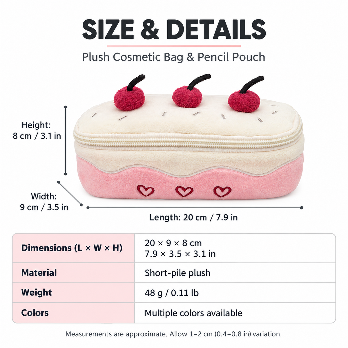 Cherry Cake Plush Cosmetic Bag & Pencil Pouch – Cute Zipper Makeup Organizer and Stationery Case