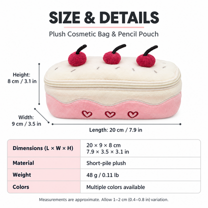 Cherry Cake Plush Cosmetic Bag & Pencil Pouch – Cute Zipper Makeup Organizer and Stationery Case