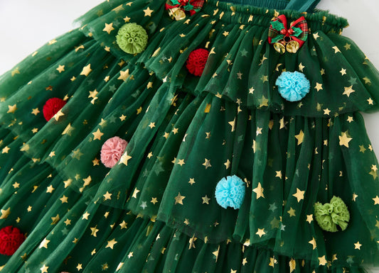 Girls Christmas Tulle Dress Festive Holiday Party Dress with Sparkle Stars & Pom Pom Details