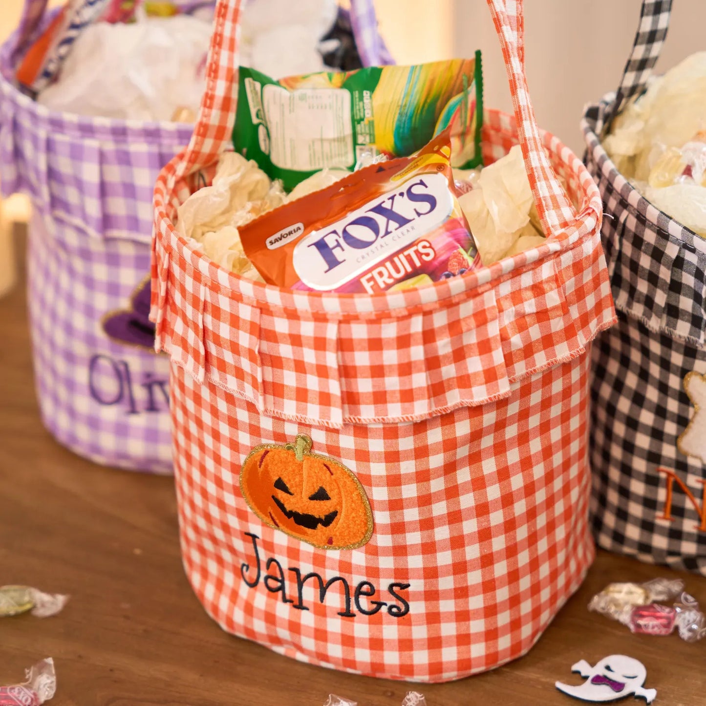 Personalized Halloween Trick or Treat Basket for Kids – Custom Name, Embroidered Patch & Gingham Candy Bucket