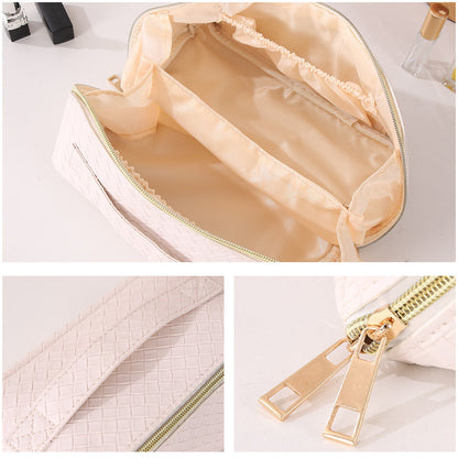 Woven PU Leather Makeup Bag with Handle & Zipper Travel Toiletry & Cosmetic Organizer