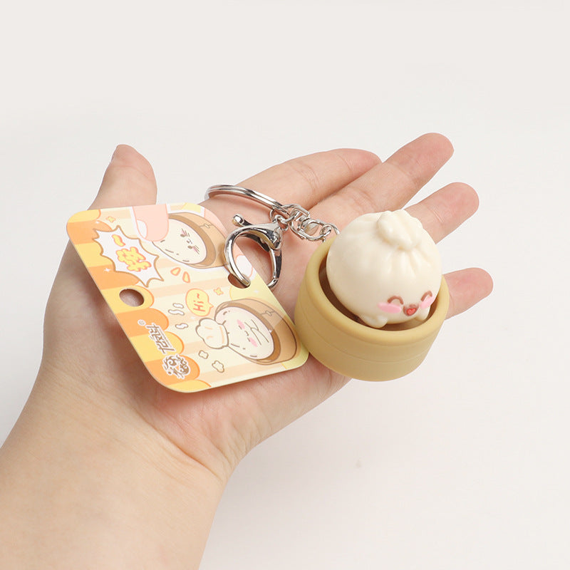 Simulation Steamed Bun Squishy Keychain Steamer Basket Emoji Bao Press Toy Pendant