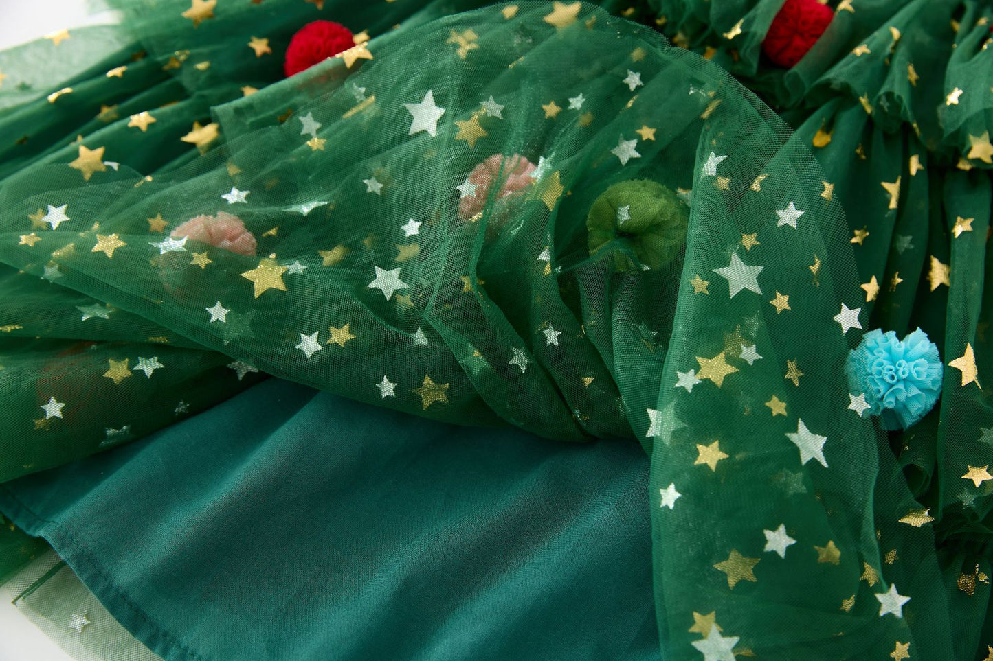 Girls Christmas Tulle Dress Festive Holiday Party Dress with Sparkle Stars & Pom Pom Details