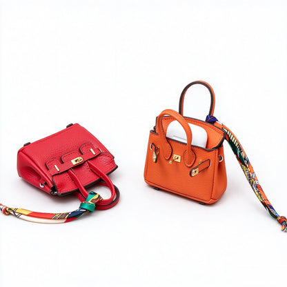 Mini Top Handle Lock Bag Handbag Charm with Scarf – Faux Leather Coin Purse