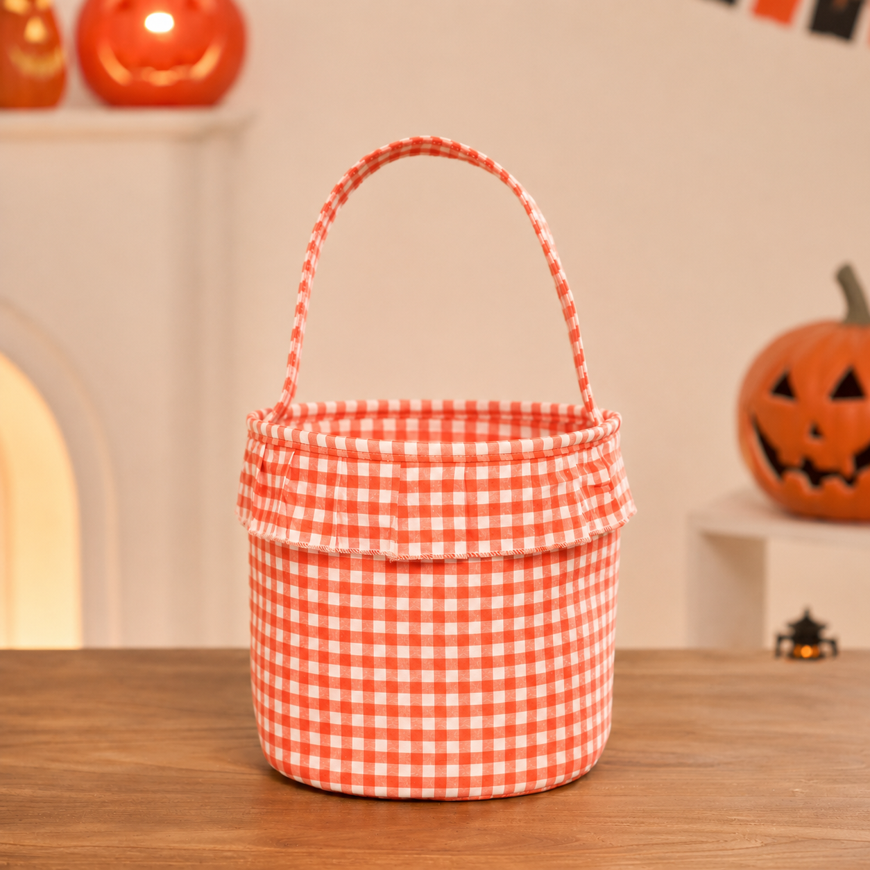 Personalized Halloween Trick or Treat Basket for Kids – Custom Name, Embroidered Patch & Gingham Candy Bucket