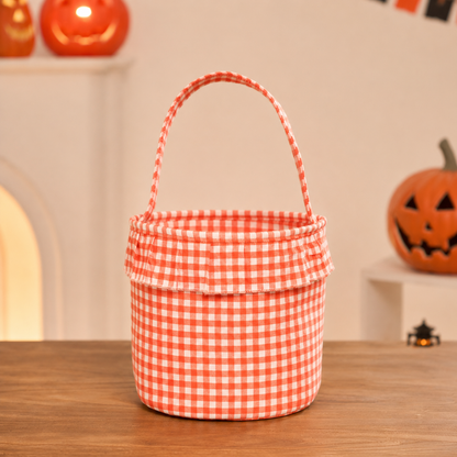 Personalized Halloween Trick or Treat Basket for Kids – Custom Name, Embroidered Patch & Gingham Candy Bucket