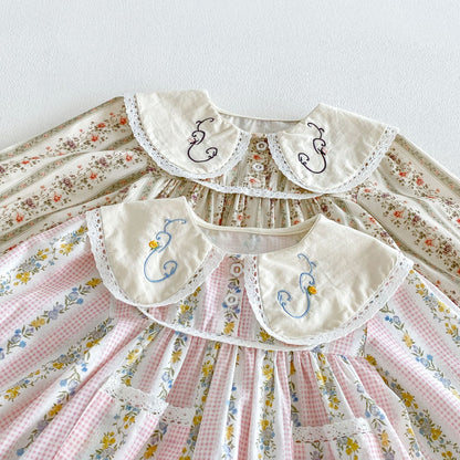 Girls’ Cotton-Rich Floral Dress with Embroidered Collar – In Stock