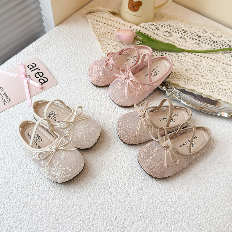 Girls Lace Bow Ballet Flats – Elastic Strap Dress Shoes & Backless Slippers