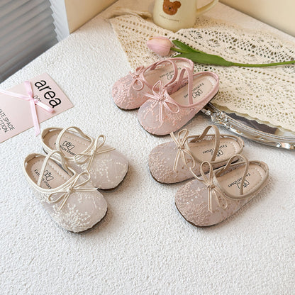 Girls Lace Bow Ballet Flats – Elastic Strap Dress Shoes & Backless Slippers