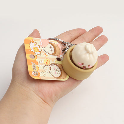 Simulation Steamed Bun Squishy Keychain Steamer Basket Emoji Bao Press Toy Pendant