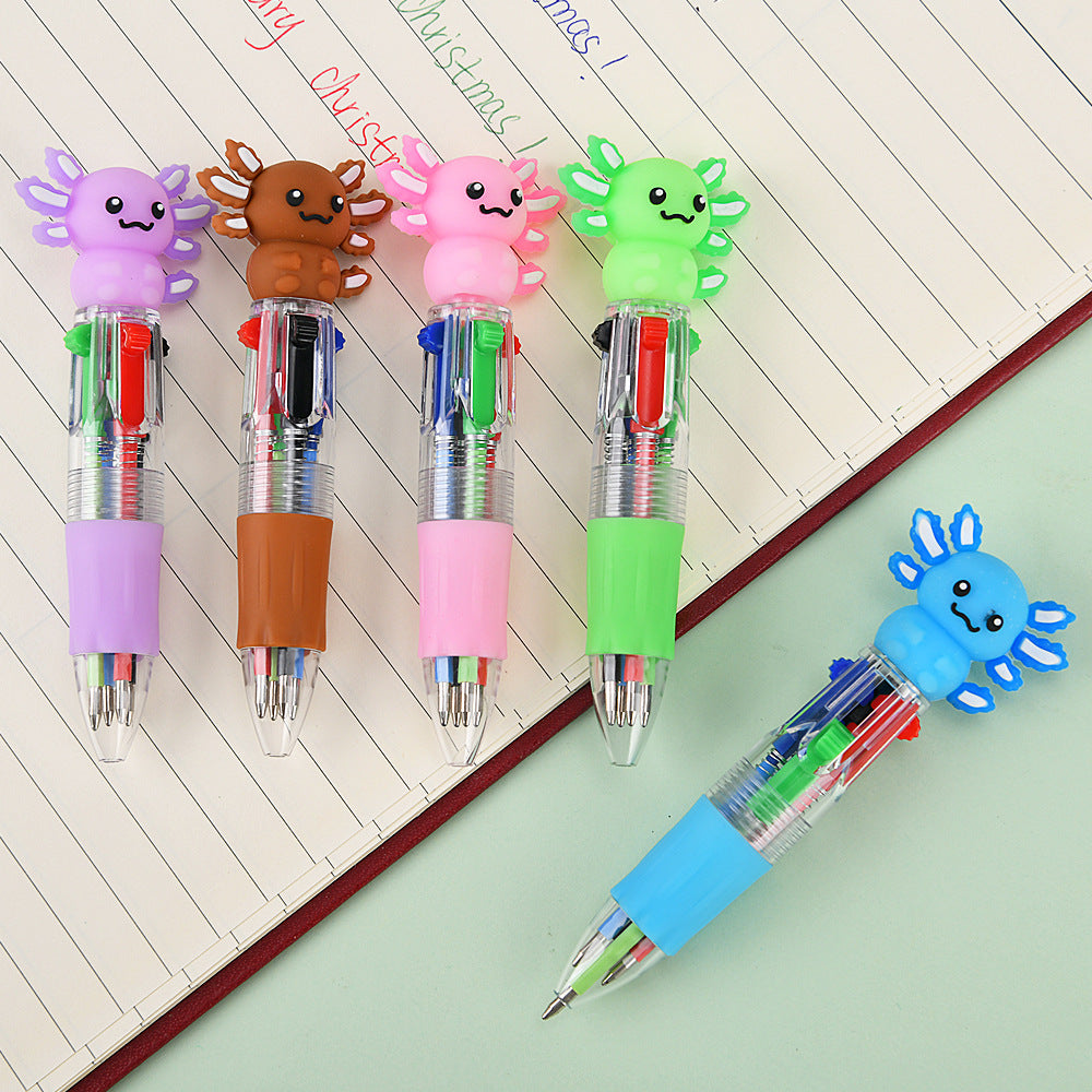 Kawaii Axolotl Mini 4-Color Retractable Ballpoint Pen, Cute Animal Multicolor Gel Ink Pen