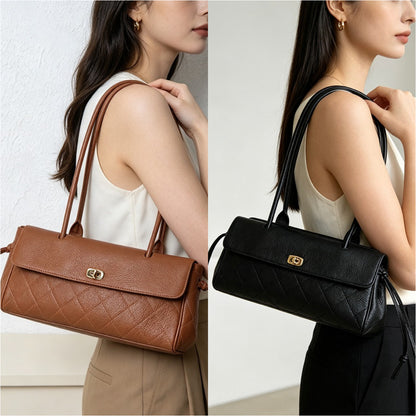 Top-Grain Cowhide Leather Shoulder Bag – East-West Quilted Flap Handbag with Double Handles & Gold-Tone Hardware