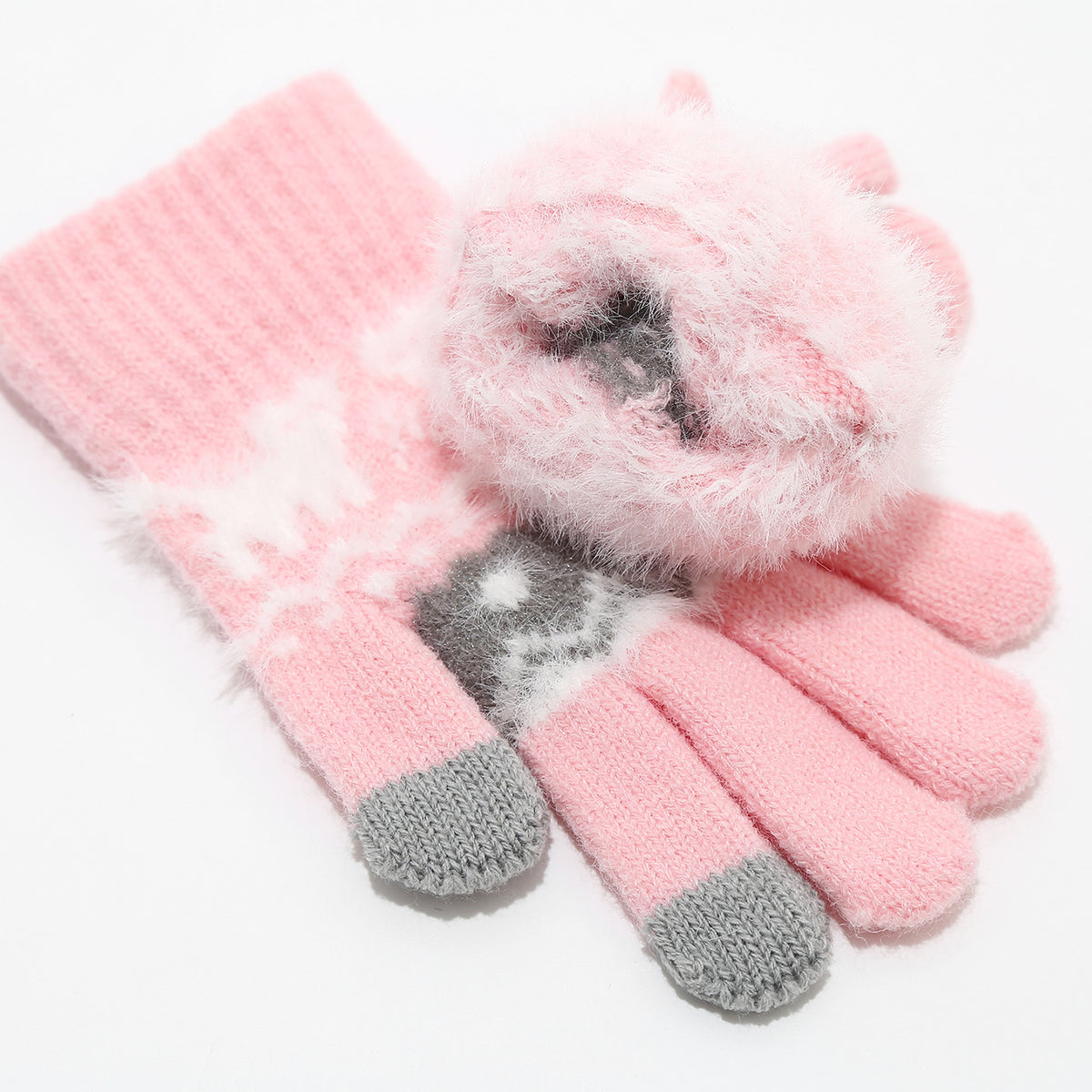 Kids’ Winter Hat, Scarf & Gloves 3-Piece Set – Pom-Pom Knit Beanie with Reindeer & Snowflake Patterns for Boys & Girls