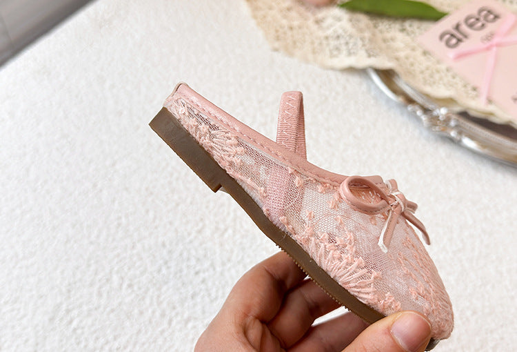 Girls Lace Bow Ballet Flats – Elastic Strap Dress Shoes & Backless Slippers