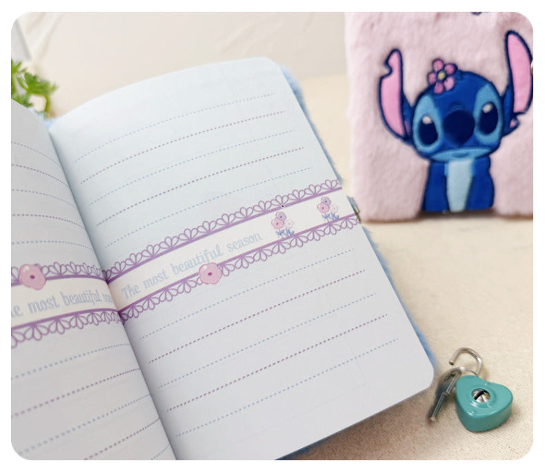 Cartoon Embroidered Plush Lock Diary 64K Soft Cover Journal Notebook Gift
