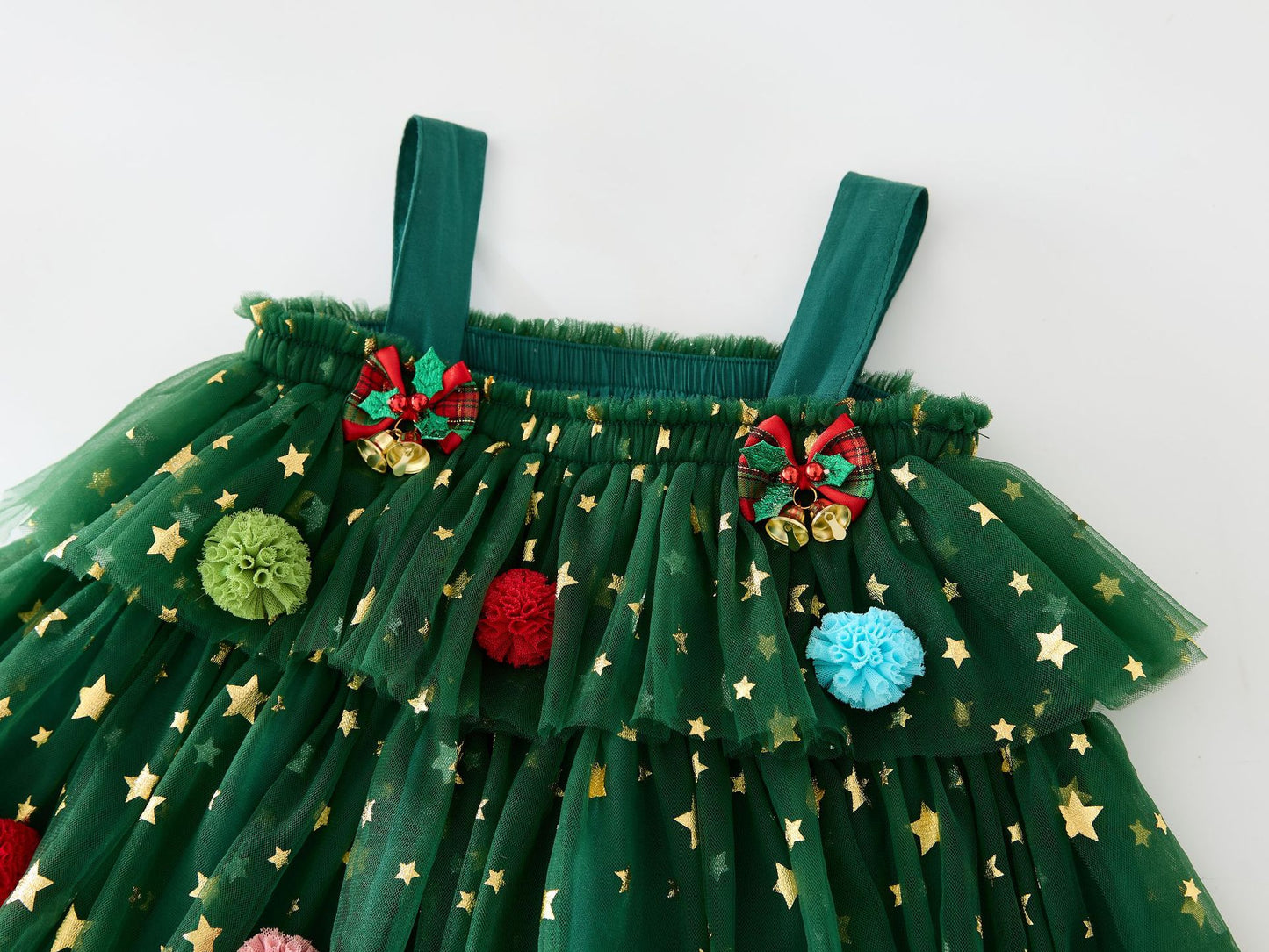 Girls Christmas Tulle Dress Festive Holiday Party Dress with Sparkle Stars & Pom Pom Details