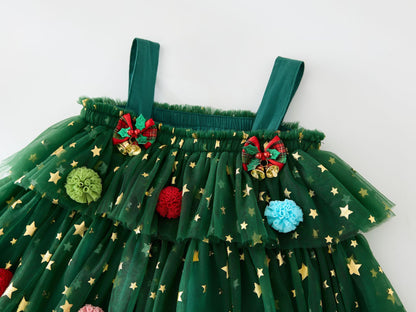 Girls Christmas Tulle Dress Festive Holiday Party Dress with Sparkle Stars & Pom Pom Details