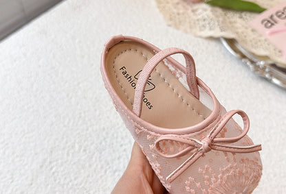 Girls Lace Bow Ballet Flats – Elastic Strap Dress Shoes & Backless Slippers
