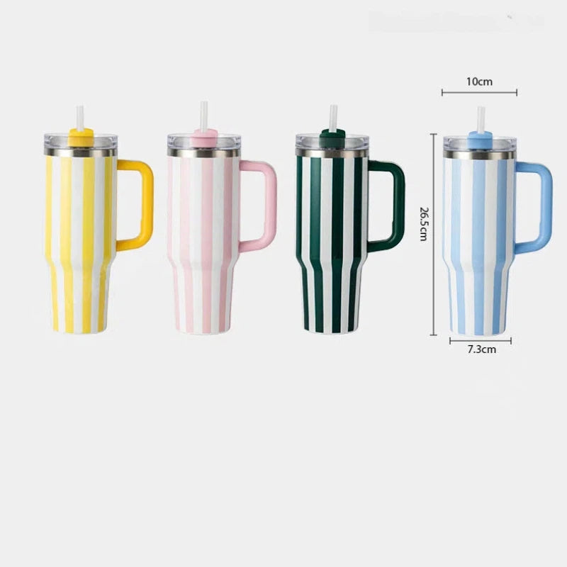 Stripe 40oz Insulated Tumbler with Handle & Straw Car Travel Mug Cold Stainless Steel Cup