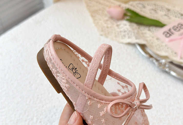 Girls Lace Bow Ballet Flats – Elastic Strap Dress Shoes & Backless Slippers