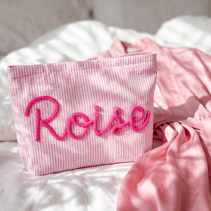 Personalized Yarn Embroidered Striped Seersucker Cosmetic Bag – Custom Name Pouch