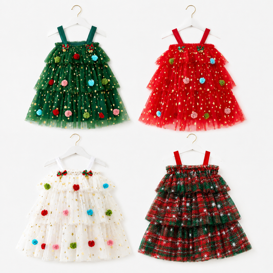 Girls Christmas Tulle Dress Festive Holiday Party Dress with Sparkle Stars & Pom Pom Details