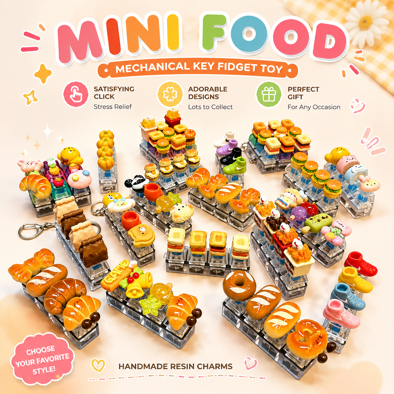 Mini Food Mechanical Key Fidget Toy – Handmade Resin Charms