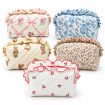 Diamond Quilted Ruffle Floral, Bow Print Makeup Cosmetic Bag – Toiletry & Travel Pouch