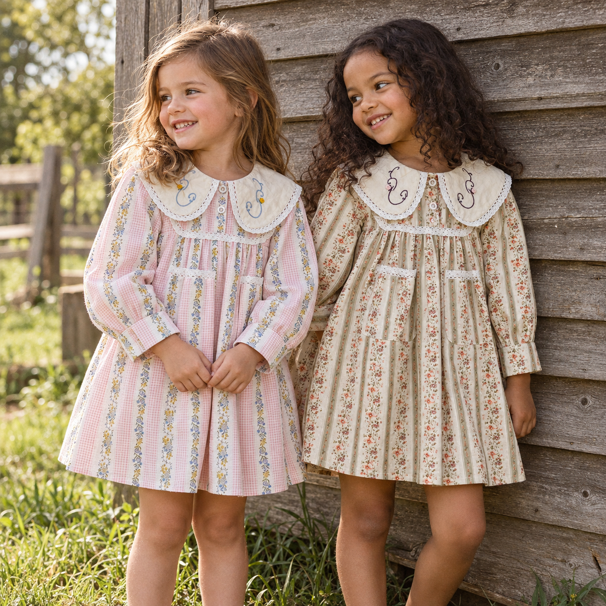 Girls’ Cotton-Rich Floral Dress with Embroidered Collar – In Stock