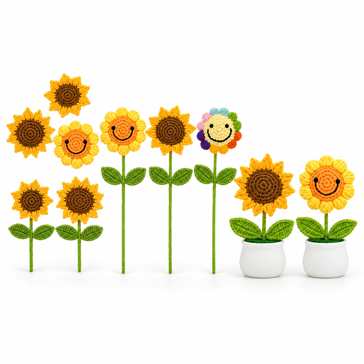 Handmade Crochet Sunflower &Smiley Face Colorful Yarn Knitted Flower Gift (Single Stem)
