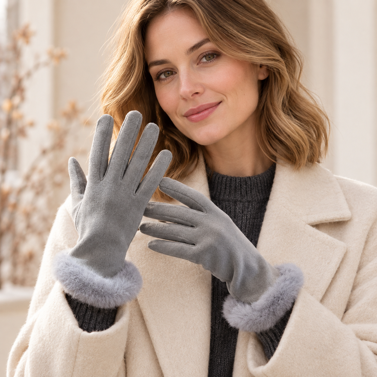 Women’s Touchscreen Winter Gloves with Faux Rabbit Fur Cuffs & Warm Fleece Lining
