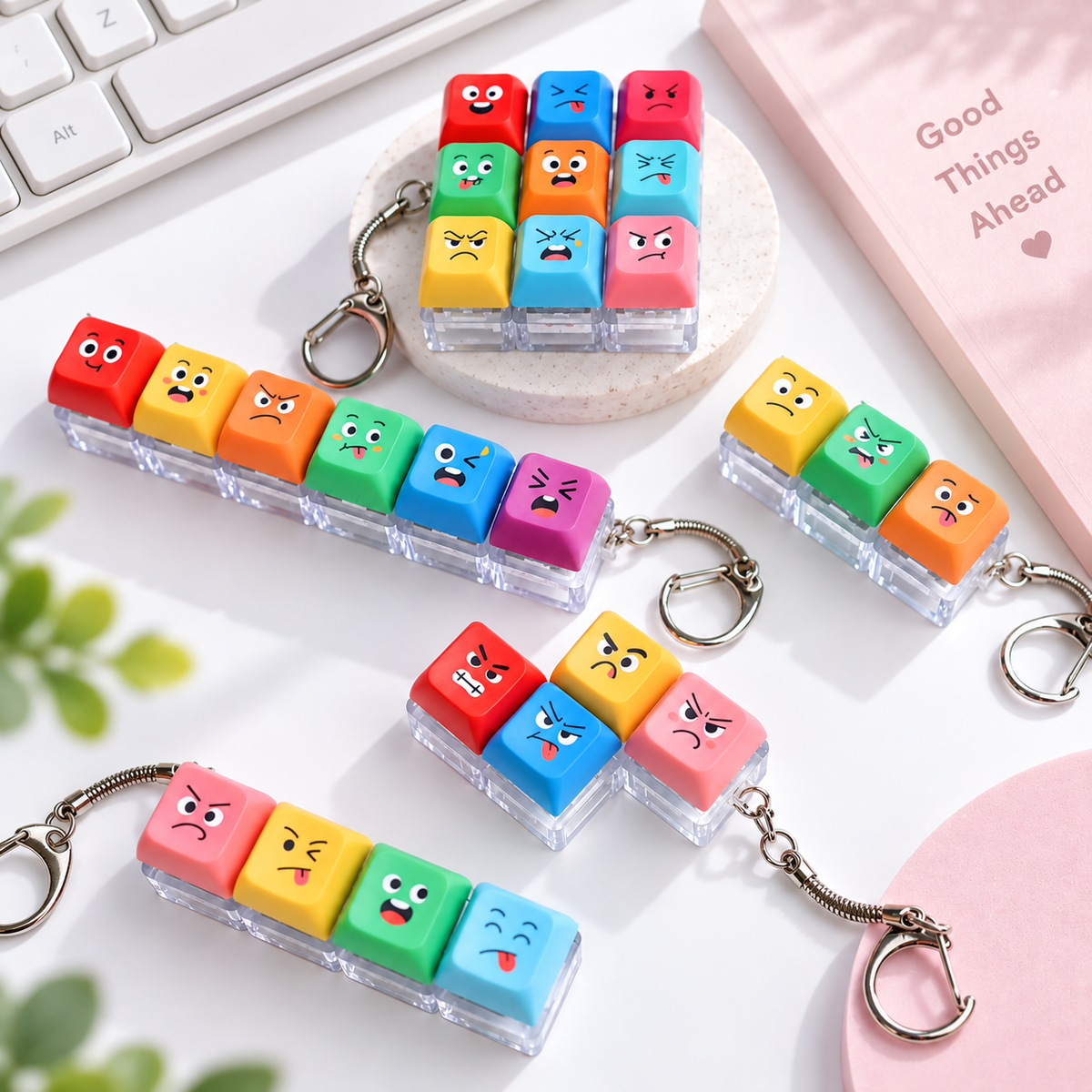Funny Face Keyboard Keycap Fidget Keychain – 2/3/4/6/9-Key Clicker Stress Relief Toy Bag Charm