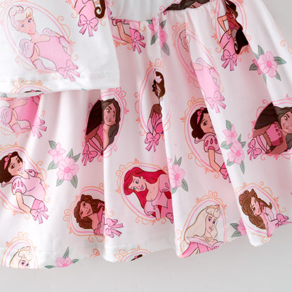 Girls Summer Pink Princess Cartoon Printed Athletic Skirt Set