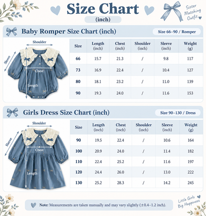 Girls Blue Bow Print Dress & Baby Romper – Lace Collar Sister Matching Outfit