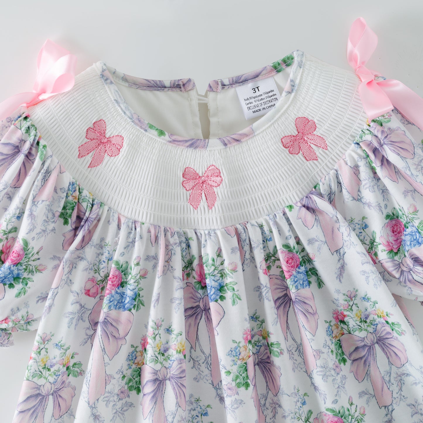 Spring Summer Pink Bow Floral Smock Embroidery Dress & Romper