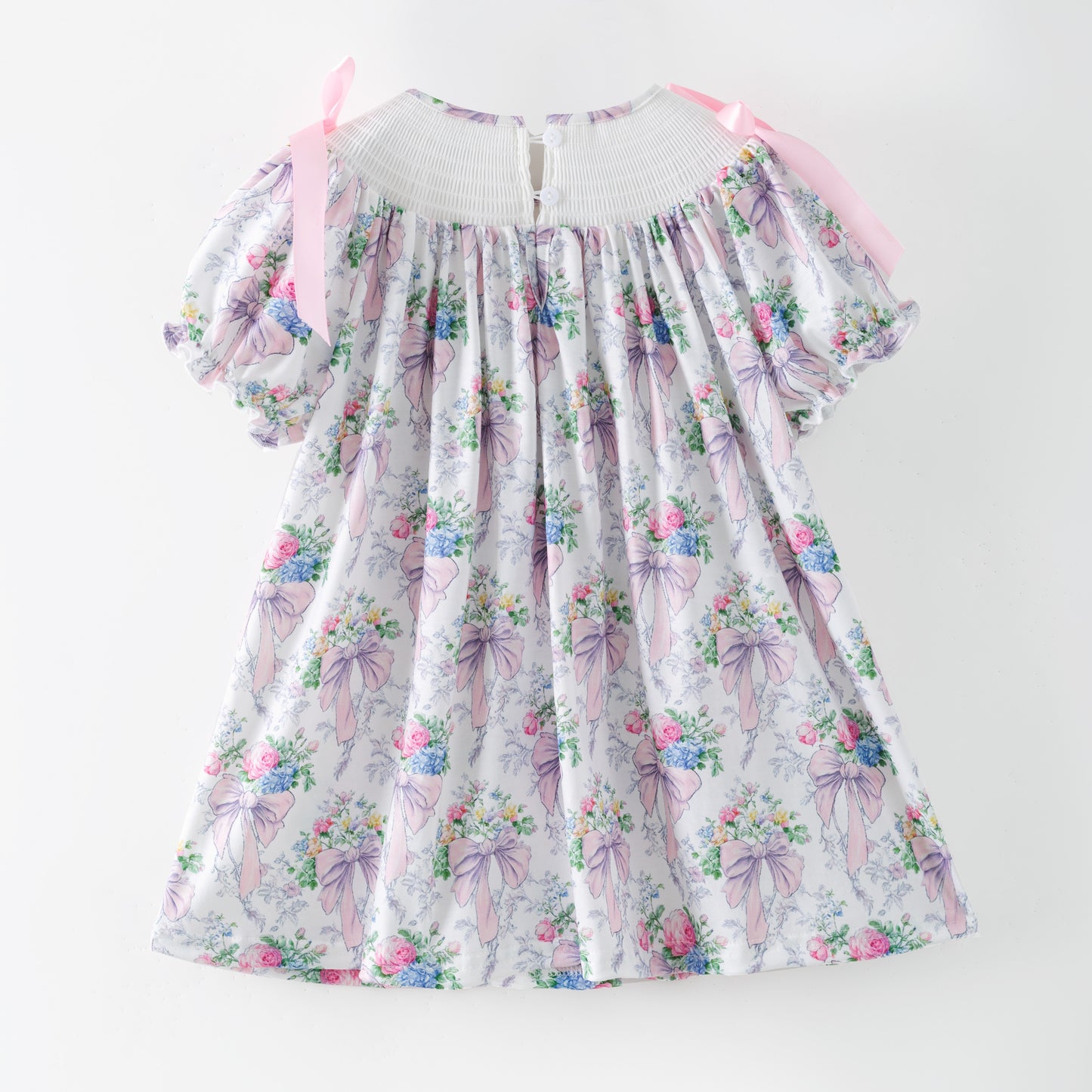 Spring Summer Pink Bow Floral Smock Embroidery Dress & Romper