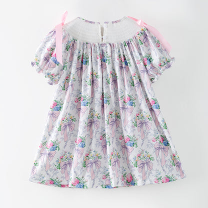 Spring Summer Pink Bow Floral Smock Embroidery Dress & Romper