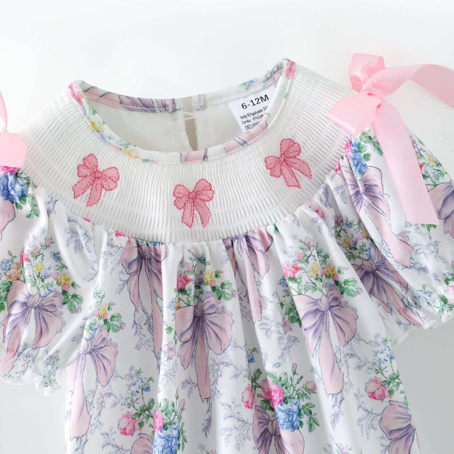 Spring Summer Pink Bow Floral Smock Embroidery Dress & Romper