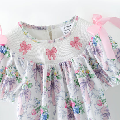 Spring Summer Pink Bow Floral Smock Embroidery Dress & Romper
