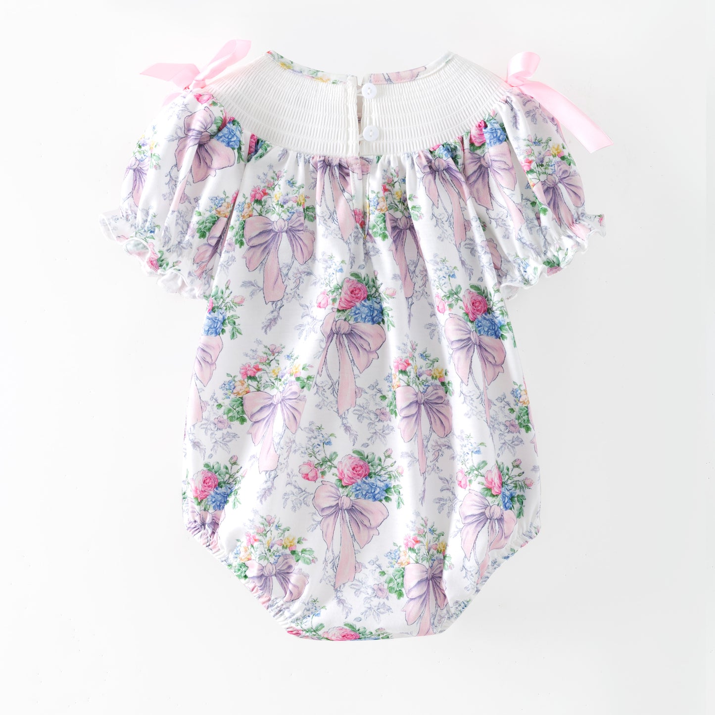 Spring Summer Pink Bow Floral Smock Embroidery Dress & Romper